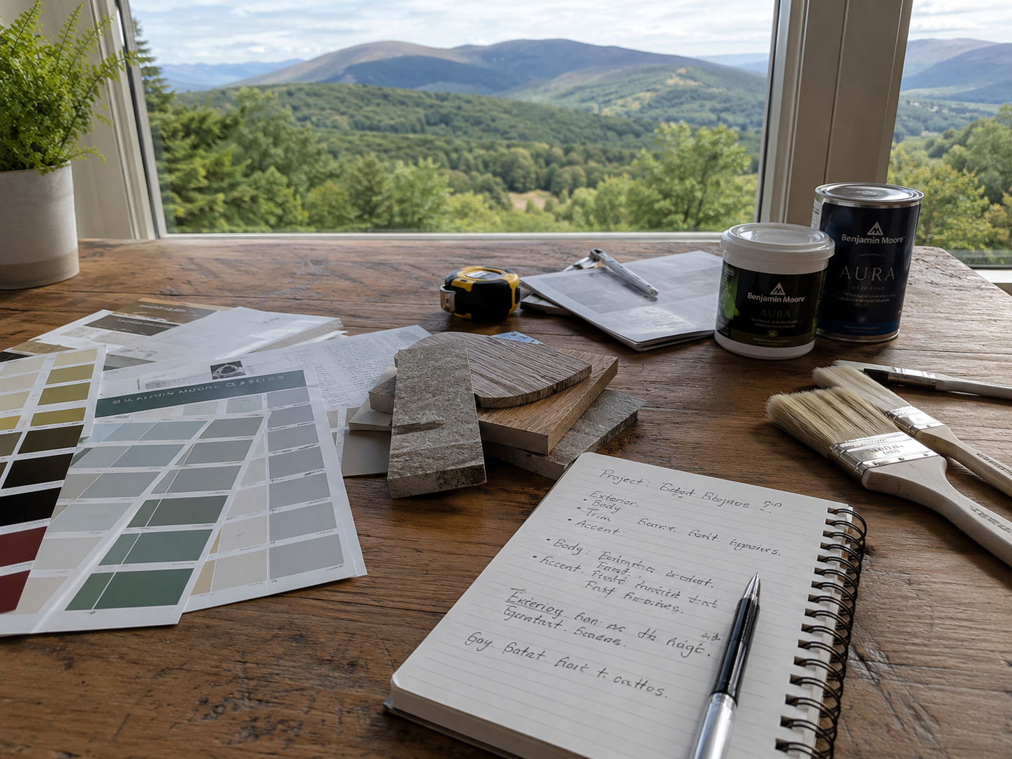 Planning desk with paint samples and notes